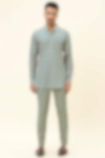 Sage Green Crepe Silk Embellished Kurta Set by SVA BY SONAM & PARAS MODI Men