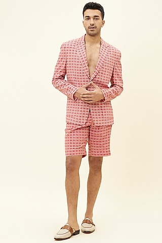 Red & Orange Crepe Silk Printed Blazer Set by SVA BY SONAM & PARAS MODI Men