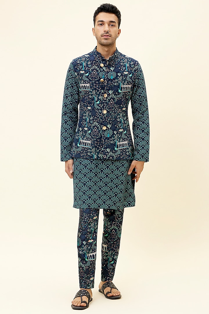 Blue Crepe Silk Bundi Jacket by Sva By Sonam & Paras Modi Men