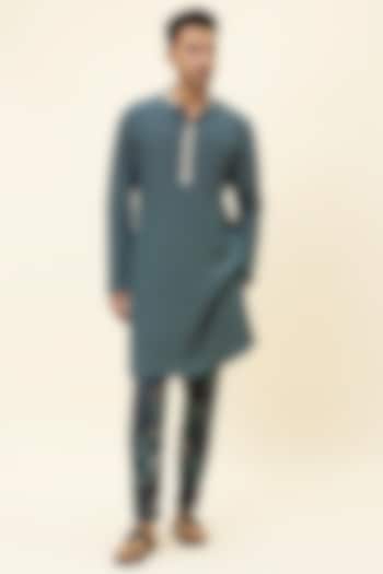 Blue Crepe Silk Printed Kurta Set by Sva By Sonam & Paras Modi Men