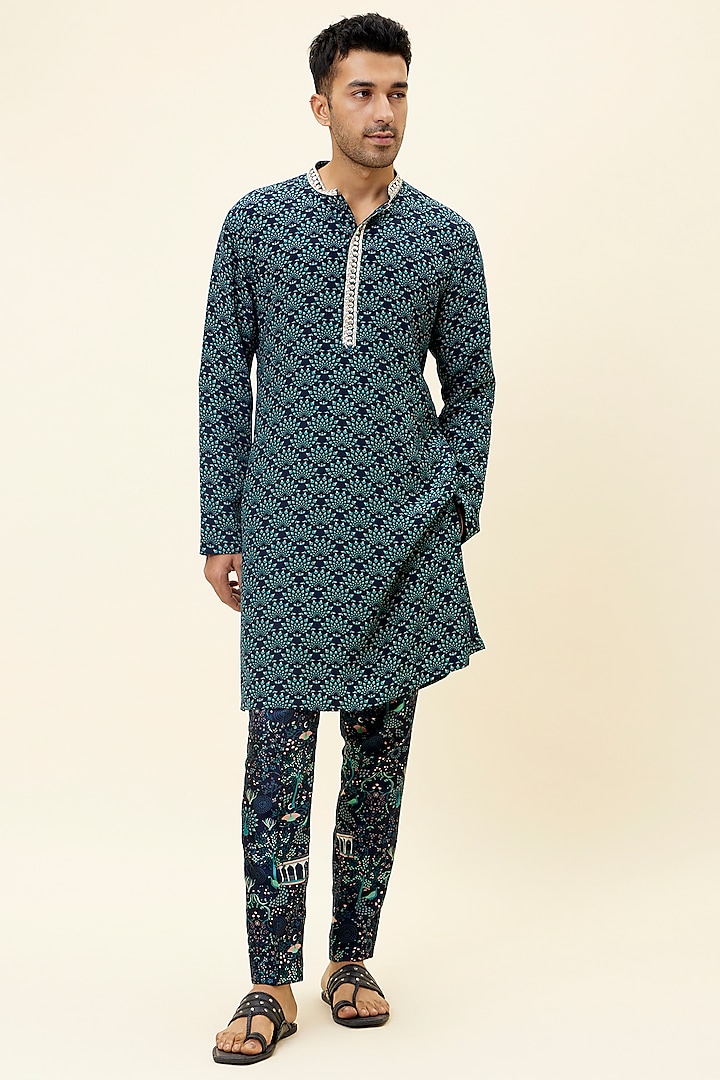 Blue Crepe Silk Printed Kurta Set by Sva By Sonam & Paras Modi Men