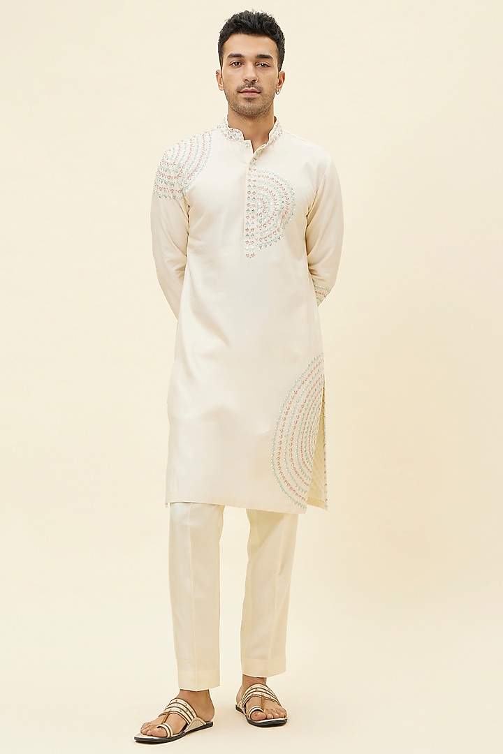 Beige Silk Boota Embroidered Kurta Set by SVA BY SONAM & PARAS MODI Men at Pernia's Pop Up Shop