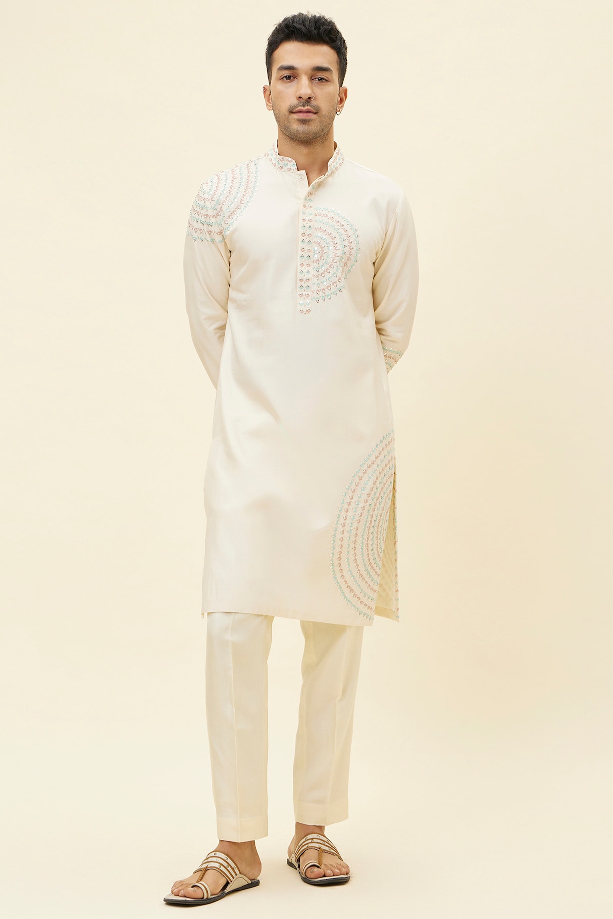 Buy Sva By Sonam & Paras Modi Men Beige Silk Embroidered Kurta Set at ...