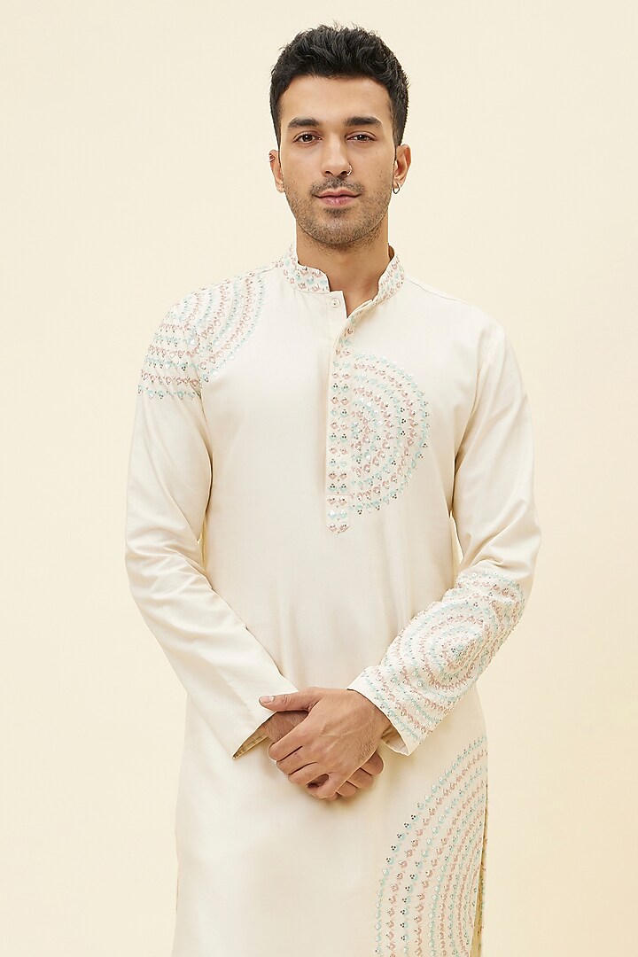 Beige Silk Boota Embroidered Kurta Set by SVA BY SONAM & PARAS MODI Men at Pernia's Pop Up Shop