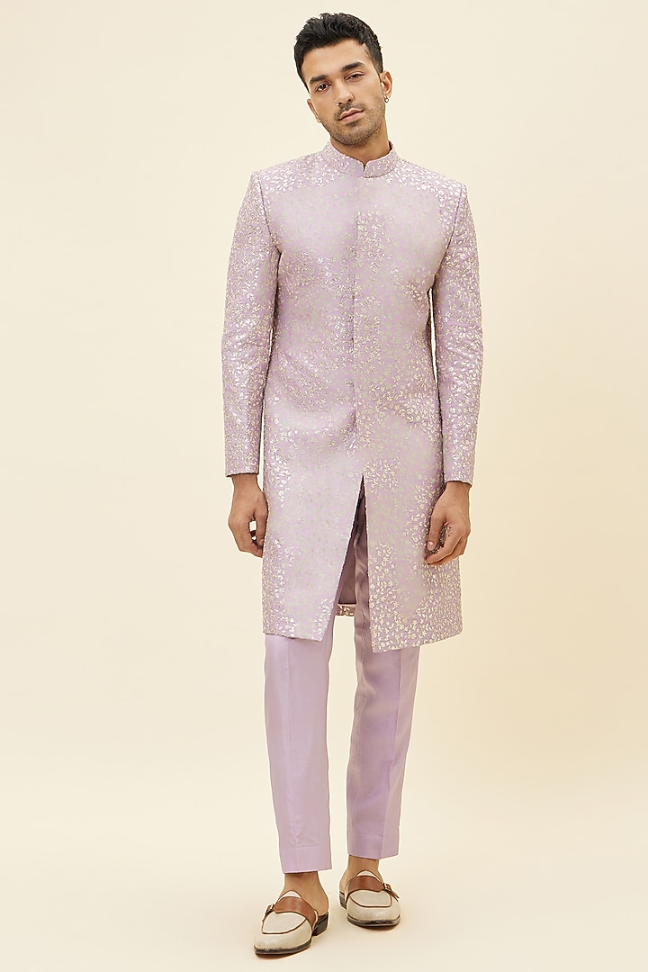 Lilac Silk Groom Sherwani Set by SVA BY SONAM & PARAS MODI Men at Pernia's Pop Up Shop