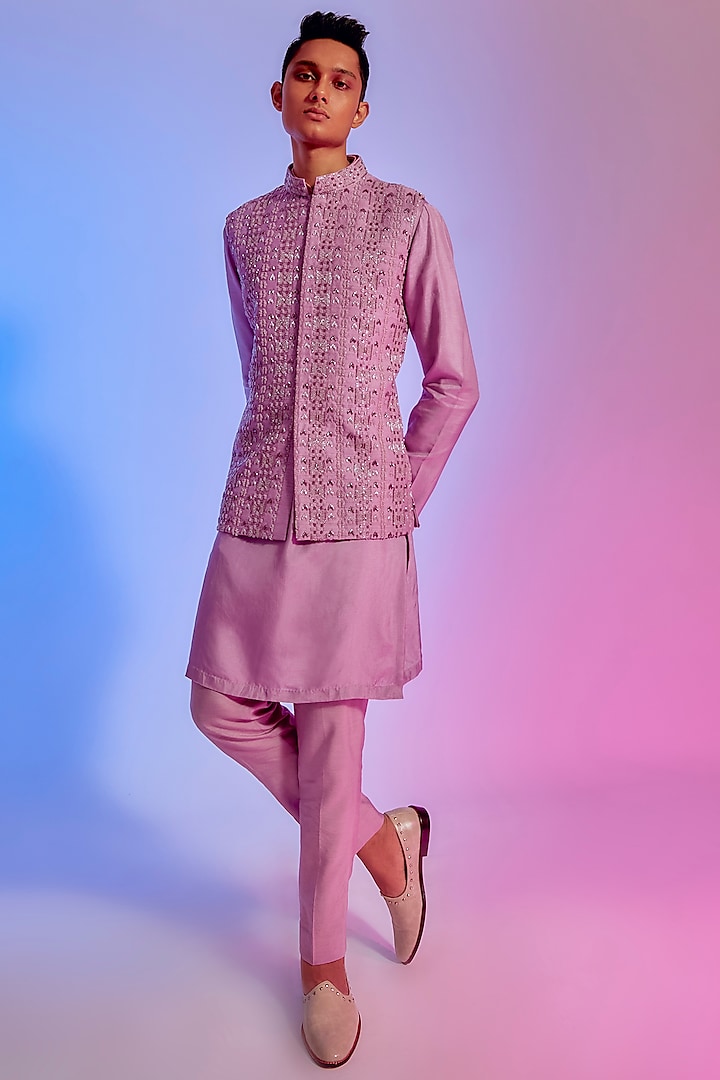 Lilac Embellished Bundi Jacket by Sva By Sonam & Paras Modi Men