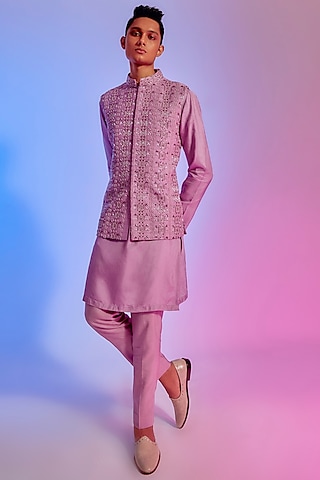 Lilac Embellished Bundi Jacket by Sva By Sonam & Paras Modi Men