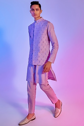 Lilac Raw Silk Bundi Jacket by Sva By Sonam & Paras Modi Men