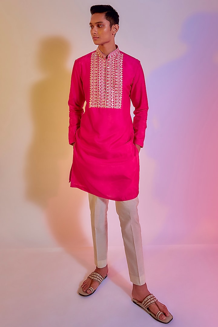 Hot Pink Silk Kurta Set by Sva By Sonam & Paras Modi Men