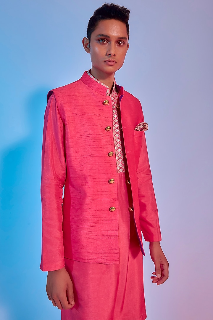 Coral Stripes Reversible Bundi Jacket by Sva By Sonam & Paras Modi Men