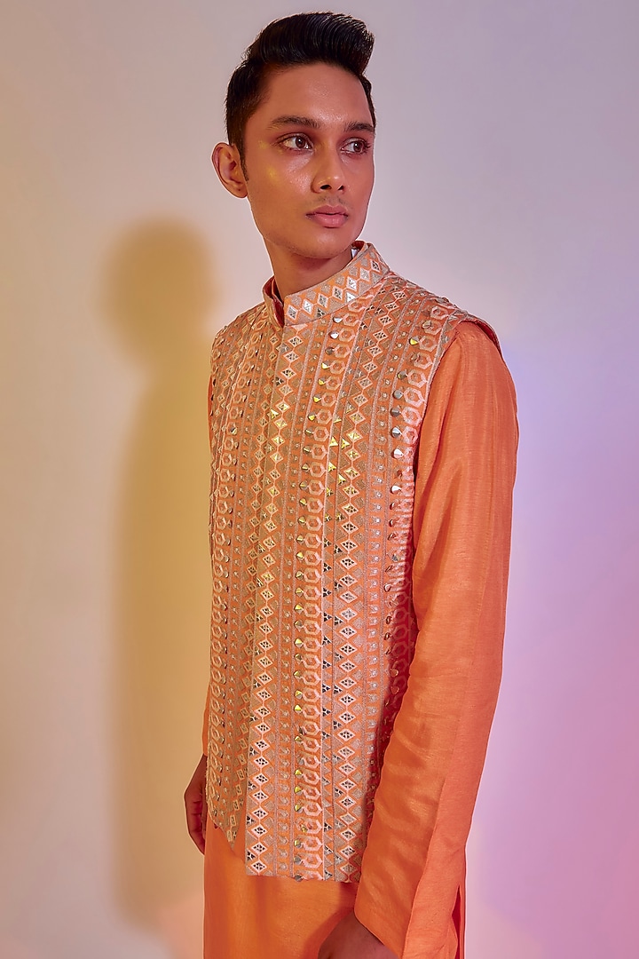 Orange Silk Embroidered Bundi Jacket by Sva By Sonam & Paras Modi Men at Pernia's Pop Up Shop