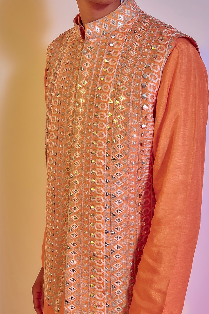 Orange Silk Embroidered Bundi Jacket by Sva By Sonam & Paras Modi Men at Pernia's Pop Up Shop