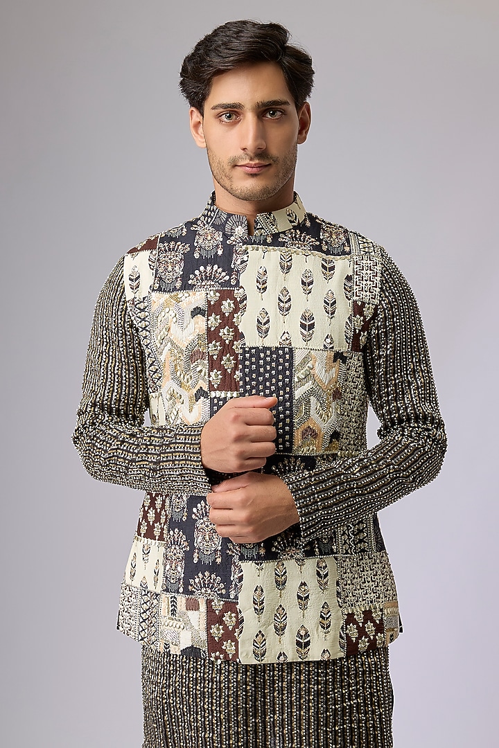 Multi-Colored Silk Bundi Jacket by Sva By Sonam & Paras Modi Men