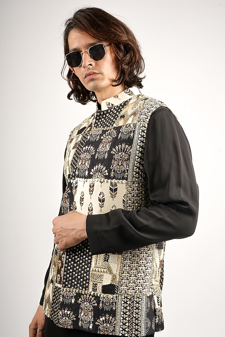 Multi-Colored Crepe Patchwork Bundi Jacket by SVA BY SONAM & PARAS MODI Men at Pernia's Pop Up Shop