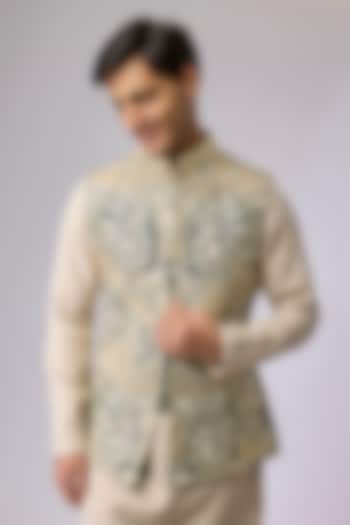 Emerald Green Silk Bundi Jacket by Sva By Sonam & Paras Modi Men