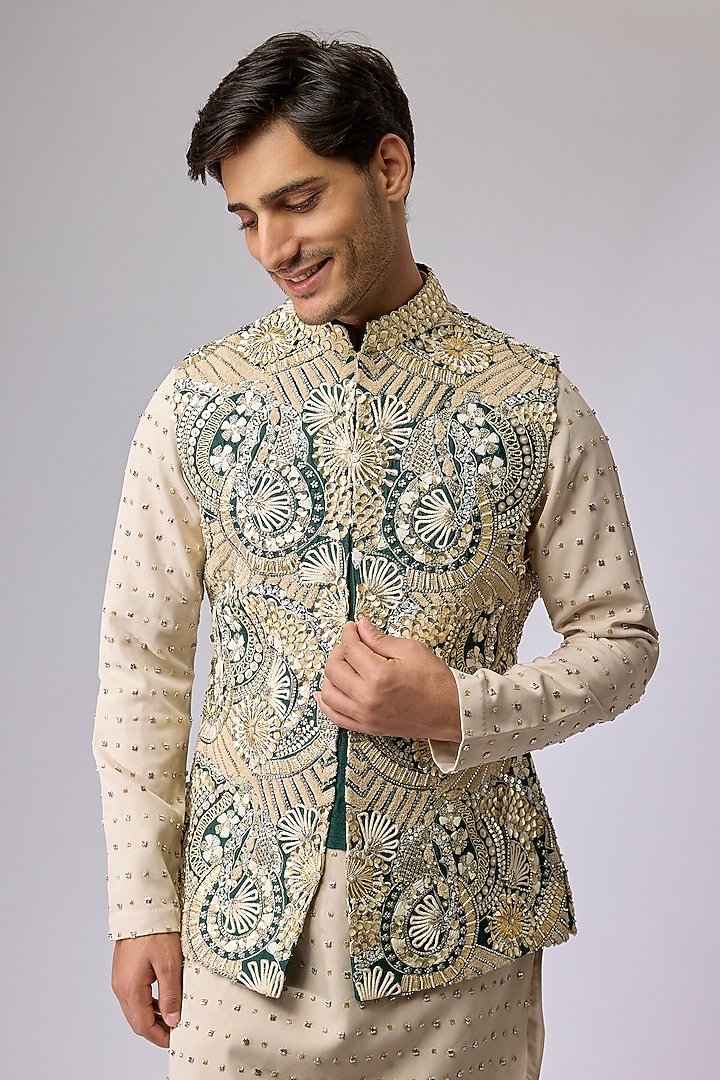 Emerald Green Silk Bundi Jacket by Sva By Sonam & Paras Modi Men