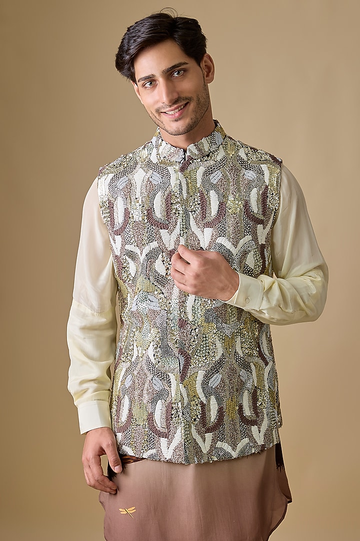 Multi-Colored Silk Bundi Jacket by Sva By Sonam & Paras Modi Men at Pernia's Pop Up Shop