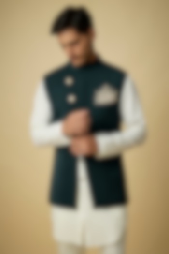 Emerald Green Suiting Bundi Jacket by Sva By Sonam & Paras Modi Men at Pernia's Pop Up Shop