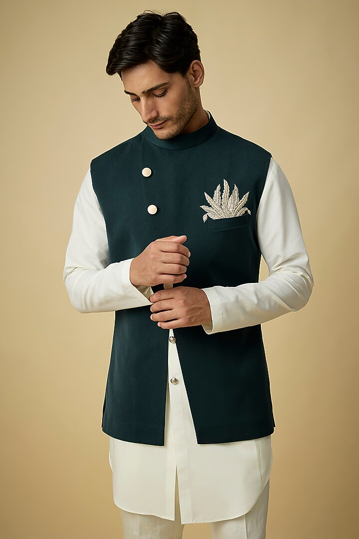 Emerald Green Suiting Bundi Jacket by Sva By Sonam & Paras Modi Men at Pernia's Pop Up Shop