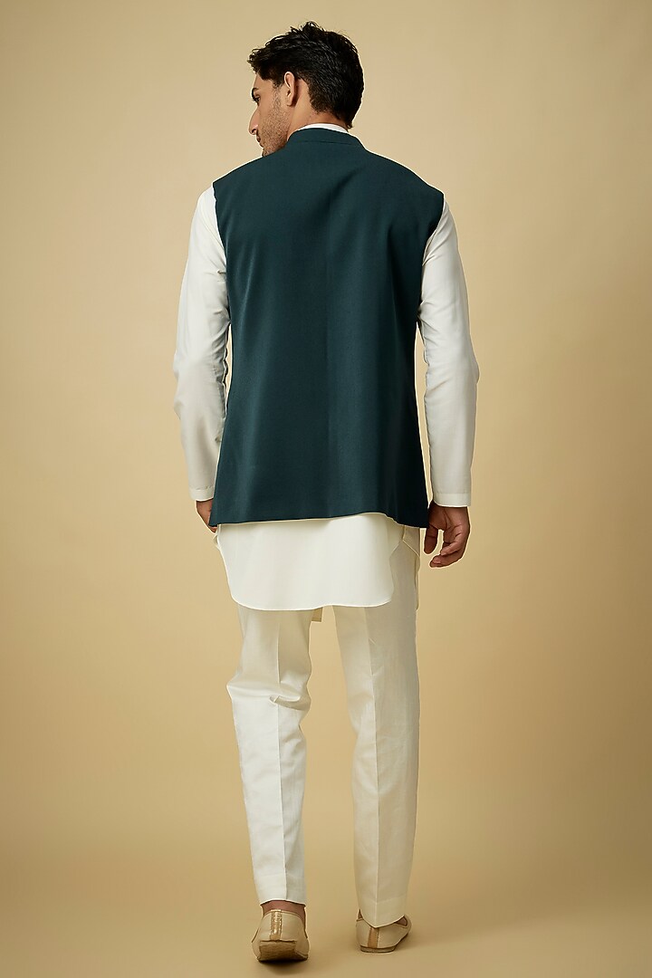 Emerald Green Suiting Bundi Jacket by Sva By Sonam & Paras Modi Men at Pernia's Pop Up Shop