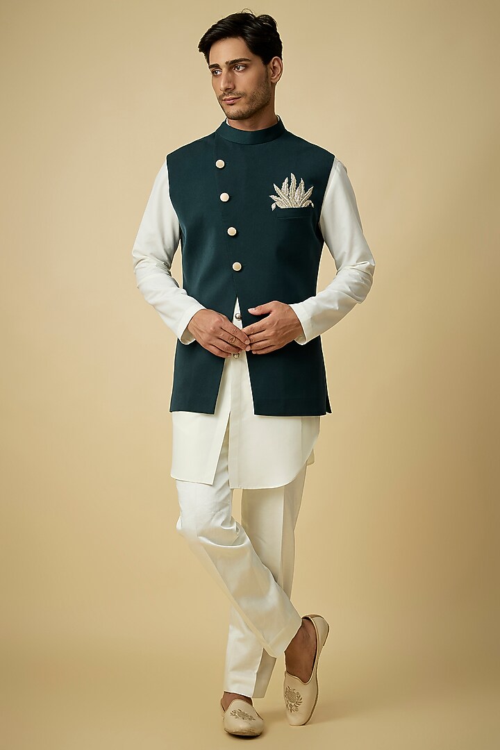 Emerald Green Suiting Bundi Jacket by Sva By Sonam & Paras Modi Men at Pernia's Pop Up Shop