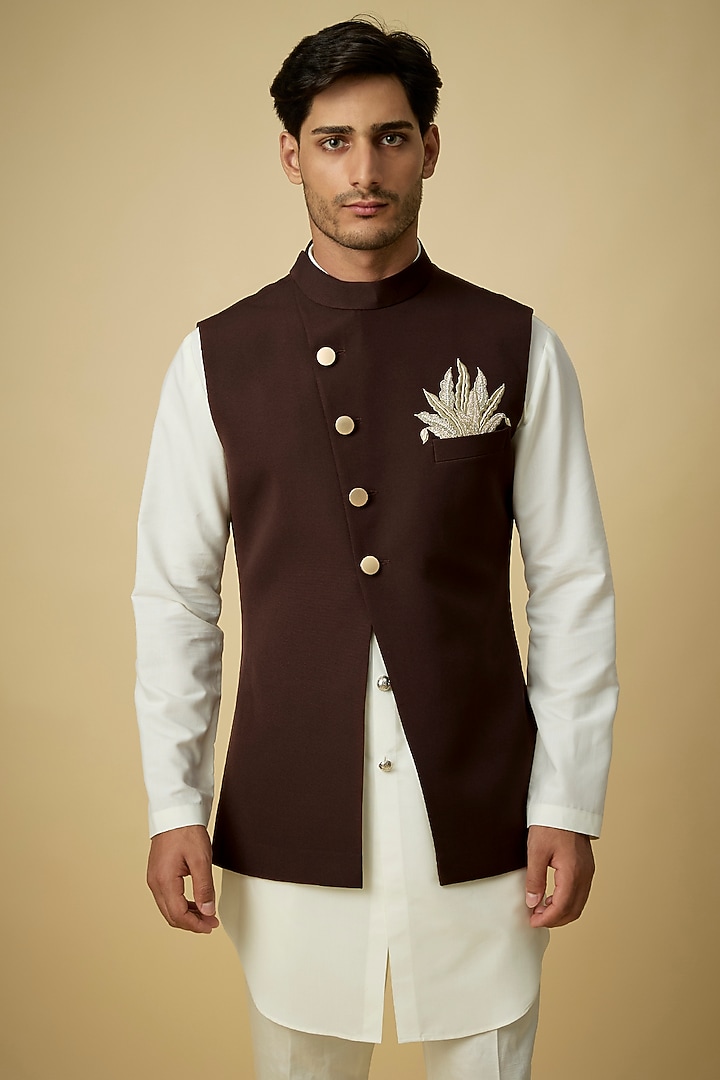 Brown Suiting Bundi Jacket by Sva By Sonam & Paras Modi Men at Pernia's Pop Up Shop