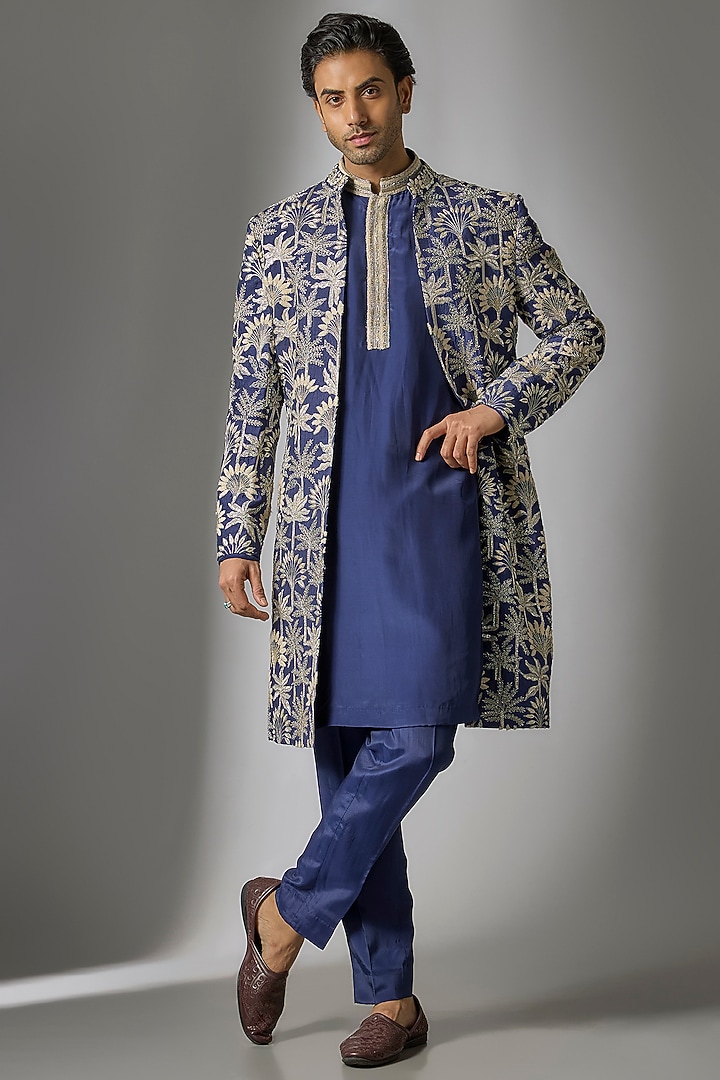 Royal Blue Silk Indo-Western Set by Sva By Sonam & Paras Modi Men at Pernia's Pop Up Shop