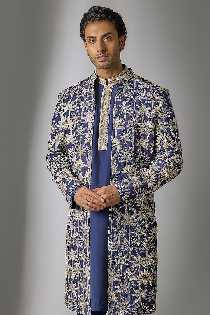 Royal Blue Silk Indo-Western Set by Sva By Sonam & Paras Modi Men at Pernia's Pop Up Shop