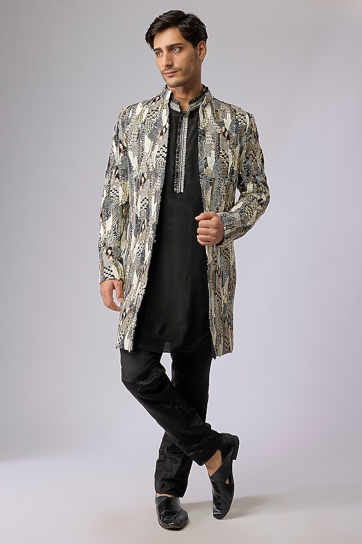 Black Silk Embellished Sherwani Set by Sva By Sonam & Paras Modi Men