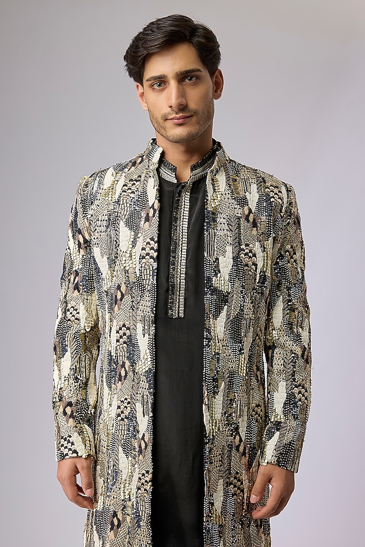 Black Silk Embellished Groom Sherwani Set by Sva By Sonam & Paras Modi Men at Pernia's Pop Up Shop