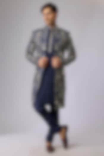 Blue Silk Sherwani Set by Sva By Sonam & Paras Modi Men