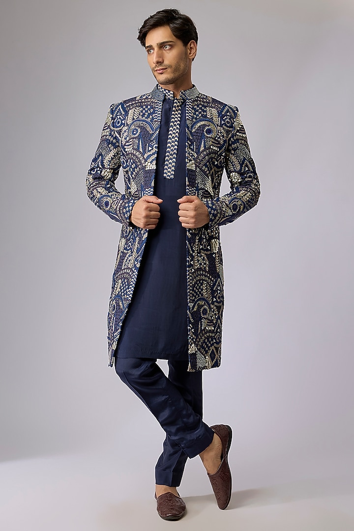 Blue Silk Sherwani Set by Sva By Sonam & Paras Modi Men