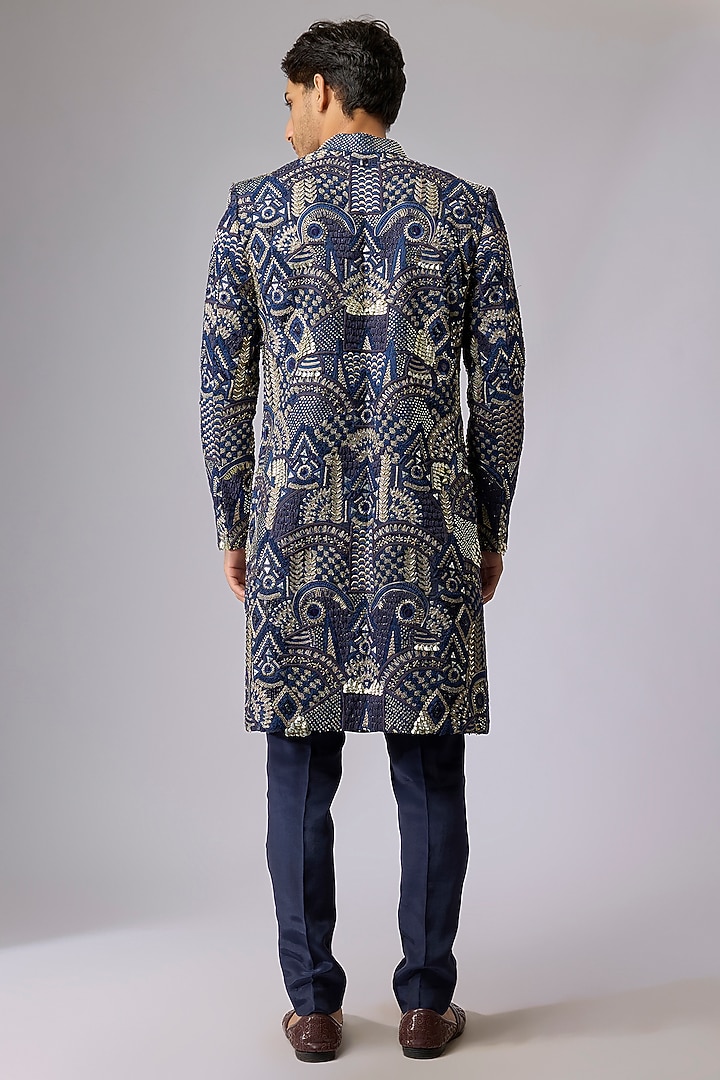 Blue Silk Groom Sherwani Set by Sva By Sonam & Paras Modi Men at Pernia's Pop Up Shop