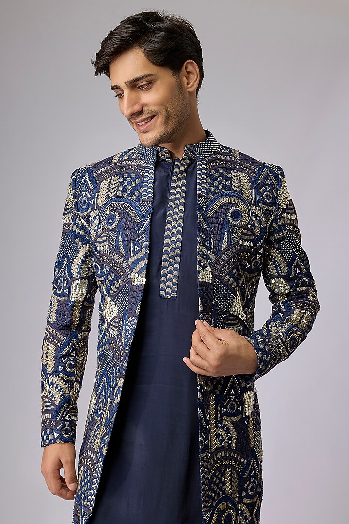 Blue Silk Groom Sherwani Set by Sva By Sonam & Paras Modi Men at Pernia's Pop Up Shop