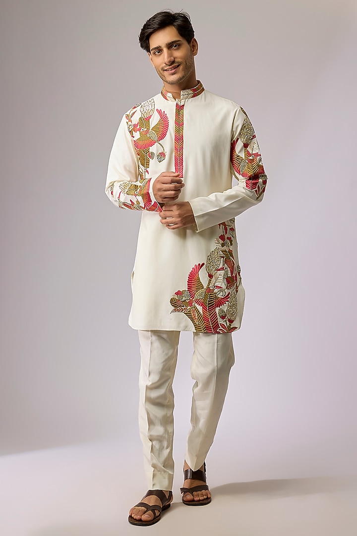 Ivory Crepe Kurta Set by Sva By Sonam & Paras Modi Men