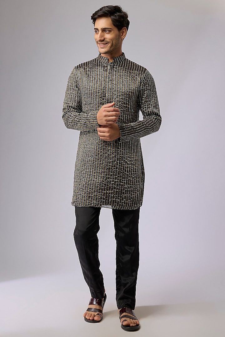 Black Silk Embellished Kurta Set by Sva By Sonam & Paras Modi Men