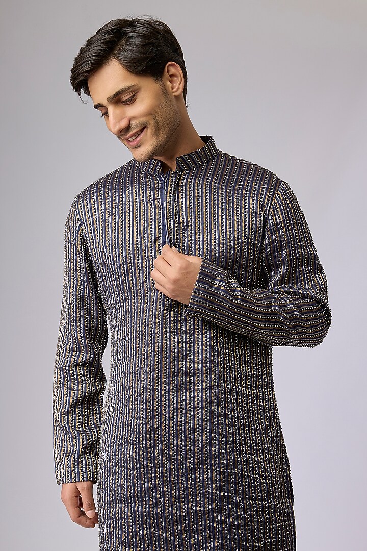 Blue Silk Embellished Kurta Set by Sva By Sonam & Paras Modi Men at Pernia's Pop Up Shop