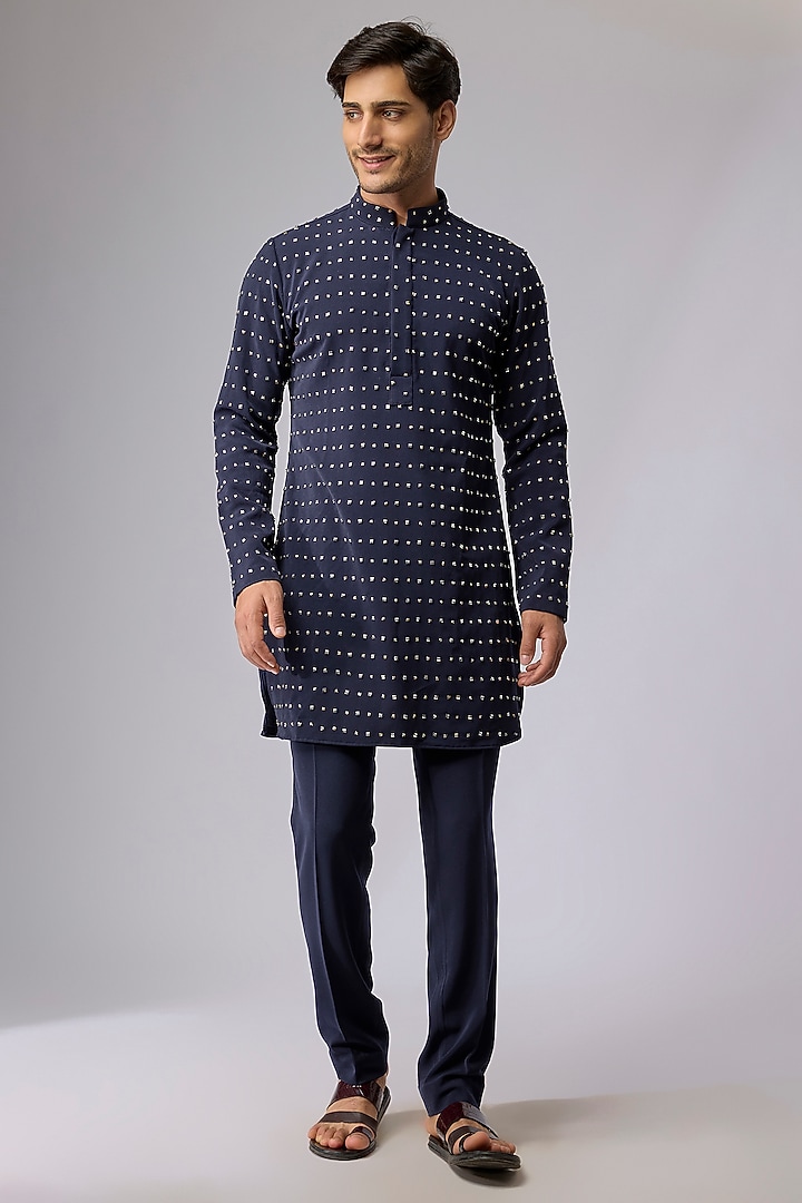 Blue Volvo Fabric Embellished Kurta Set by Sva By Sonam & Paras Modi Men
