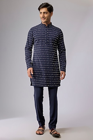 Blue Volvo Fabric Embellished Kurta Set by Sva By Sonam & Paras Modi Men