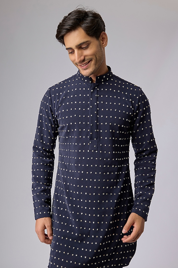 Blue Volvo Fabric Embellished Kurta Set by Sva By Sonam & Paras Modi Men at Pernia's Pop Up Shop
