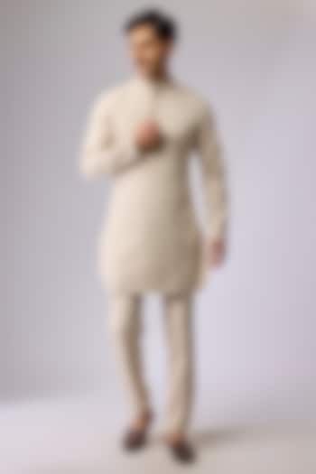 Beige Volvo Fabric Embellished Kurta Set by Sva By Sonam & Paras Modi Men