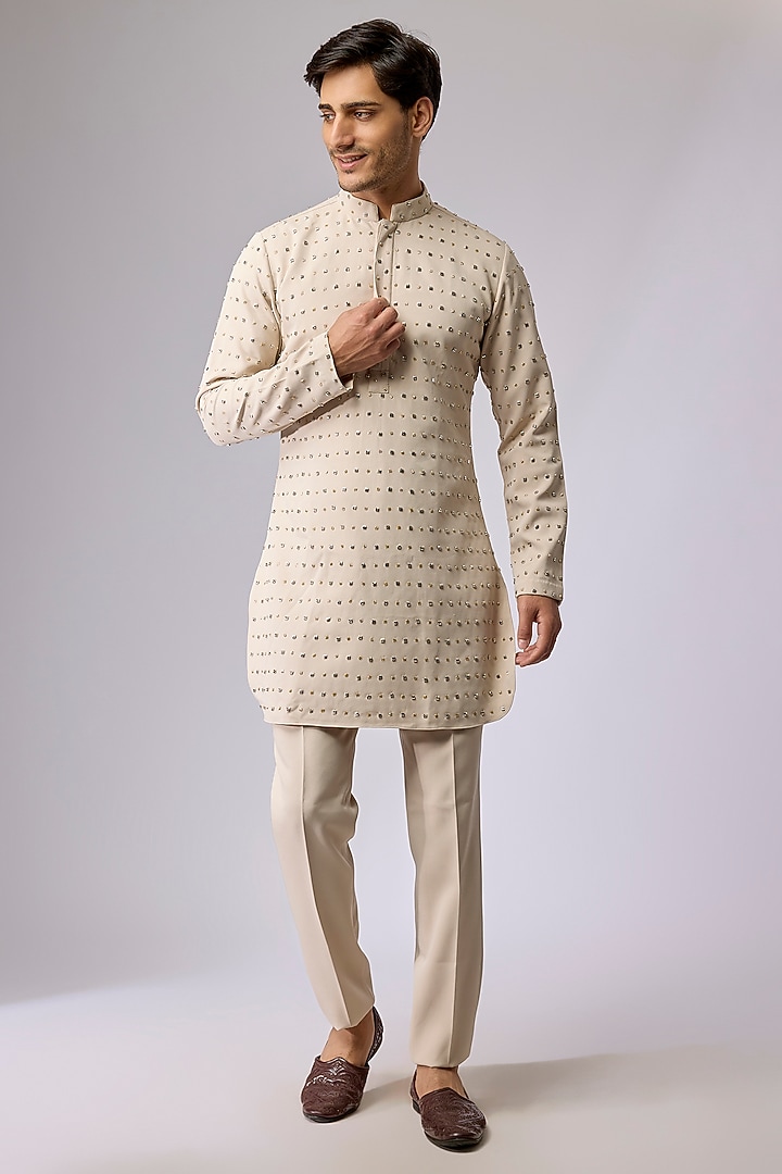 Beige Volvo Fabric Embellished Kurta Set by Sva By Sonam & Paras Modi Men