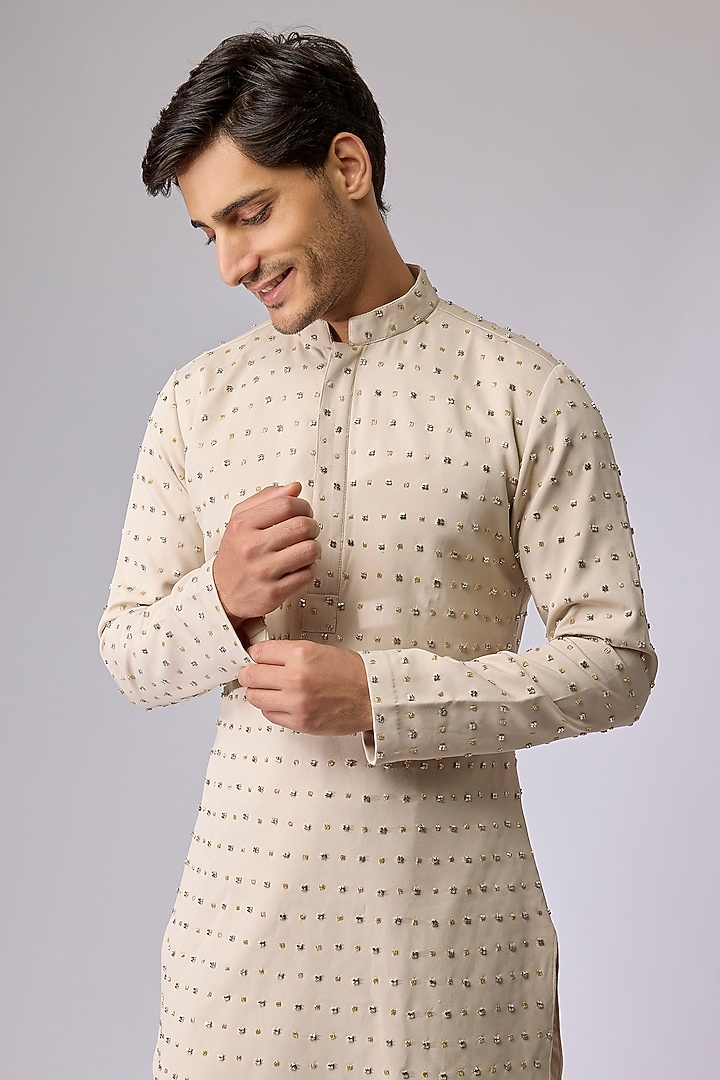 Beige Volvo Fabric Embellished Kurta Set by Sva By Sonam & Paras Modi Men at Pernia's Pop Up Shop
