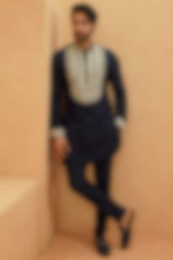 Midnight Blue Crepe Gold Embroidered Kurta Set by Sva By Sonam & Paras Modi Men