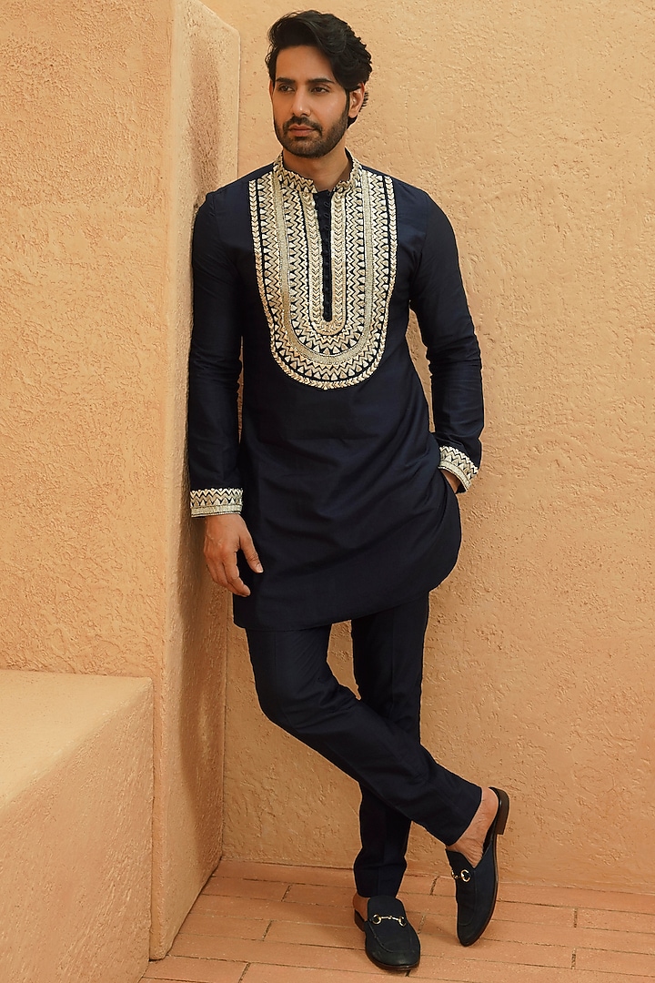Midnight Blue Crepe Gold Embroidered Kurta Set by Sva By Sonam & Paras Modi Men