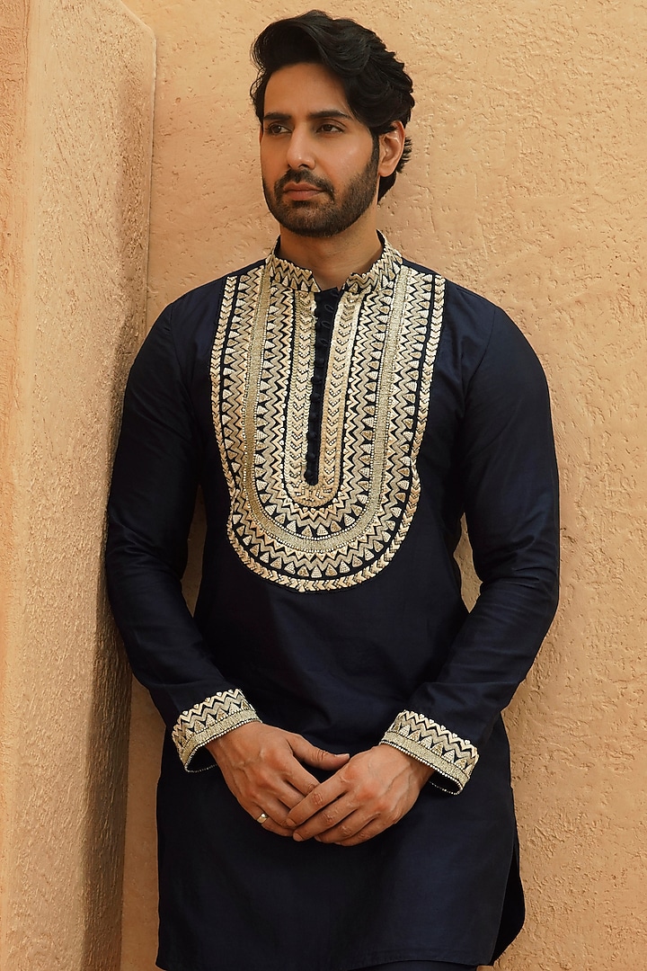 Midnight Blue Crepe Gold Embroidered Kurta Set by Sva By Sonam & Paras Modi Men at Pernia's Pop Up Shop