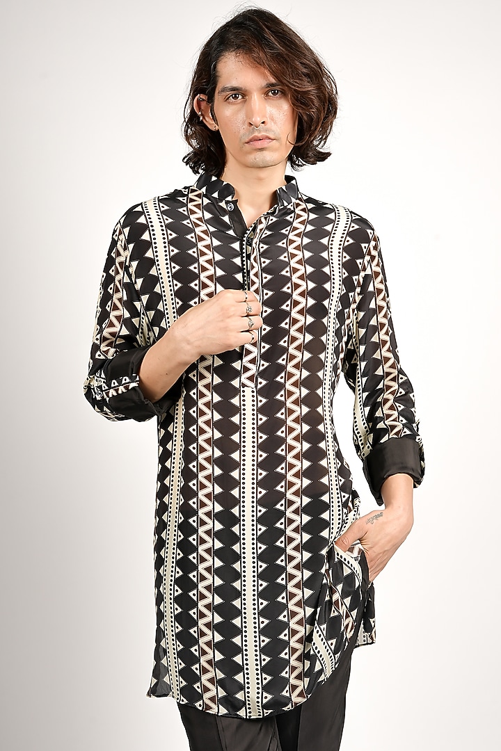 Black Crepe Tribal Printed Kurta by SVA BY SONAM & PARAS MODI Men at Pernia's Pop Up Shop