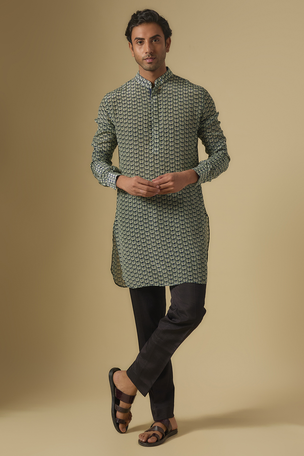 Blue Crepe Jaal Printed Kurta by Sva By Sonam & Paras Modi Men