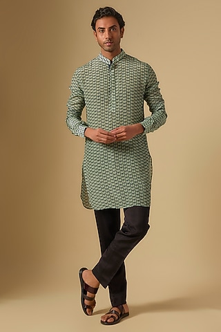 Blue Crepe Jaal Printed Kurta by Sva By Sonam & Paras Modi Men
