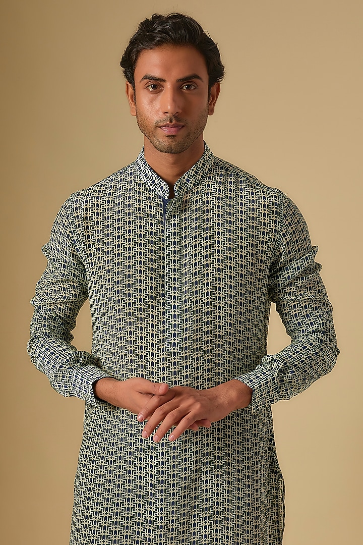 Blue Crepe Jaal Printed Kurta by Sva By Sonam & Paras Modi Men at Pernia's Pop Up Shop